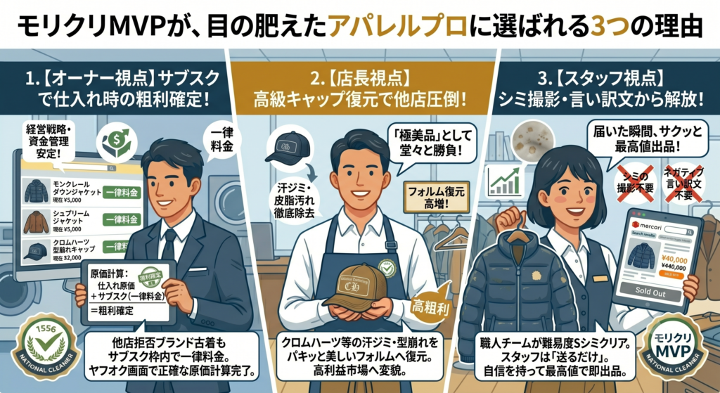 アパレル物販プロ(古着EC・買取専門店)にモリクリMVPが選ばれる3つの理由を要約したインフォグラフィックイラスト。左:【オーナー視点】「仕入れ時の粗利確定」。ヤフオク画面を見ながら月額定額一律料金で正確な原価計算。経営戦略安定。中:【店長視点】「高級キャップ復元で他店圧倒」。他店拒否のクロムハーツ等の汗ジミ・型崩れを極美品フォルムへ。独占高利益市場へ変貌。右:【スタッフ視点】「シミ撮影・言い訳文から解放」。職人チームが難易度Sシミクリア。スタッフは「送るだけ」。自信を持って最高値で即出品。「VALUE UP」コイン、「National Cleaner」メダル、「モリクリ MVP」ロゴ。