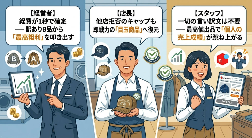 [経営者] 経費が1秒で確定 ── 訳ありB品から「最高粗利」を叩き出す

[店長] 他店拒否のキャップも ── 即戦力の「目玉商品」へ復元

[スタッフ] 一切の言い訳文は不要 ── 最高値出品で「個人の売上成績」が跳ね上がる