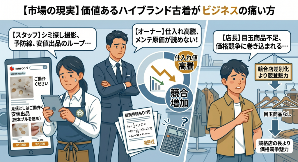 ハイブランド古着のリユースビジネスにおいて、貴社のチームが直面する3つの痛み:スタッフ(シミ探し撮影、ネガティブ予防線、安値出品)、オーナー(仕入れ高騰、メンテ原価計算狂う)、店長(目玉商品不足、差別化不可、価格競争)を表現したイラスト。