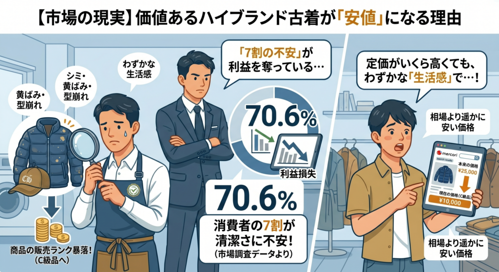 リユース専門店や古着ECにおいて、価値あるハイブランド古着や限定キャップが、わずかなシミ・黄ばみ・型崩れなどの生活感によって販売ランクが暴落し、消費者の7割(70.6%)が抱く清潔さへの不安から安値で買い叩かれて利益損失している市場の現実を伝えるイラスト。