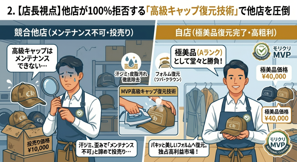 ブランド古着買取専門店C社がモリクリMVPを120%使い倒して利益を最大化する3つの活用モデルケースを要約したインフォグラフィックイラスト。左:「汚れを利益チャンスに」エリ・袖口が汚れたC級品を最安仕入れしてA〜SS級極美品へ蘇生し利幅を3〜5倍にする流れ。中央:「サブスク一律料金」見積もり待ちの不安ゼロで仕入れ時に原価を1秒で確定。右:「柔軟なスキップ機能」仕入れが少ない月はスマートに一時停止(SKIP)し在庫が溜まったら再開するコスト調整。スーツ姿の男性オーナーキャラクターが実績のグラフやタブレットを手に解説している様子。