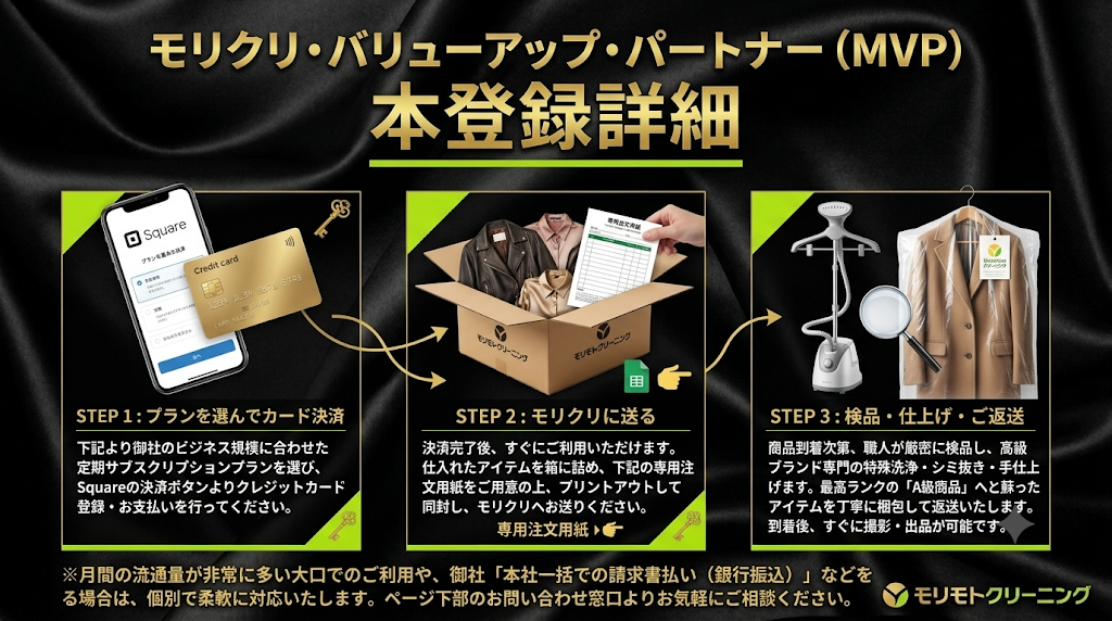 モリモトクリーニング MVP（モリクリ・バリューアップ・パートナー）本登録詳細の3ステップご利用の流れを説明する、1枚のインフォグラフィックイラスト。黒いシルクの背景に金色の文字、ライムグリーンのアクセント、そして金色の鍵のアイコンが配置されています。左から右へのフローで：
* STEP 1: プラン選定と決済。スマートフォンと金色のクレジットカードのアイコンで、Squareを使用したプラン選定とクレジットカード決済を示しています。
* STEP 2: モリクリに送る。配送用の箱に衣類を詰め、専用のGoogleスプレッドシート注文用紙をプリントアウトして同封するアイコンで、荷物の発送を示しています。
* STEP 3: 蘇生・納品。プロのガーメントスチーマーと、完璧にプレスされた「A級商品」タグが付いた高級衣類のハンガーのアイコンで、職人による価値蘇生と納品を示しています。
3つのステップは金色の矢印で繋がれており、全体の流れを視覚的に解説しています。