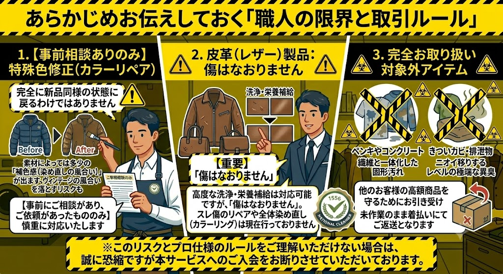 黄色と黒のハザードストライプに囲まれた、「あらかじめお伝えしておく『職人の限界と取引ルール』」というヘッダーを持つ、クリーニングと修復サービスの免責事項を説明するインフォグラフィックイラスト。3つの主要セクションで構成され、ハザードシンボルと警告色が多用されている。
左セクション:「1. 【事前相談ありのみ】特殊色修正(カラーリペア)」
職人(エプロン姿)が筆でダウンジャケットを修正するイラスト。修正前の黒いダウンと、修正後のきれいになったが少し風合いが異なる(補色感)ダウンの比較が示されている。文書(ご依頼前の確認)を確認している。注意書きは「完全に新品同様の状態に戻るわけではありません」。詳細は「素材によっては多少の『補色感(染め直しの風合い)』が出ます。ヴィンテージの風合いを落とすリスクも」。ルールは「【事前にご相談があり、ご依頼があったもののみ】慎重に対応いたします」。
中央セクション:「2. 皮革(レザー)製品:傷はなおりません」
スーツ姿の男性(店長、National Cleaner メダル着用)がタブレットを持ち、レザー製品(ジャケット、バッグ、ブーツ)を指さしている。汚れ(汗ジミ・皮脂汚れ、歪み)が除去された後の、きれいに見えるが小さな傷が残っている(洗浄・栄養補給)状態の比較が示されている。注意書きは大きな注意マーク付きで「【重要】『傷はなおりません』」。詳細は「高度な洗浄・栄養補給は対応可能ですが、『傷はなおりません』。スレ傷のリペアや全体染め直し(カラーリング)は現在行っておりません」。
右セクション:「3. 完全お取り扱い対象外アイテム」
取り扱いできないアイテムの例。大きな赤いXマーク付き。「ペンキやコンクリート」「繊維と一体化した固形汚れ」、「きついカビ・排泄物」「ニオイ移りするレベルの極端な異臭」のアイコン。ルールは「他のお客様の高額商品を守るためにお引き受けできません。未作業のまま着払いにてご返送となります」。返送用段ボールのイラスト。
フッター:「※このリスクとプロ仕様のルールをご理解いただけない場合は、誠に恐縮ですが本サービスへのご入会をお断りさせていただいております」